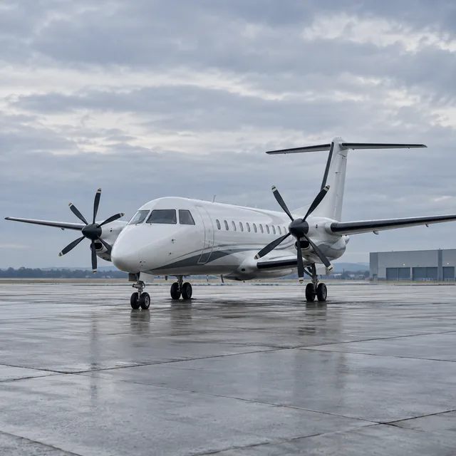 Illustrative turboprop aircraft parked on an airport apron.